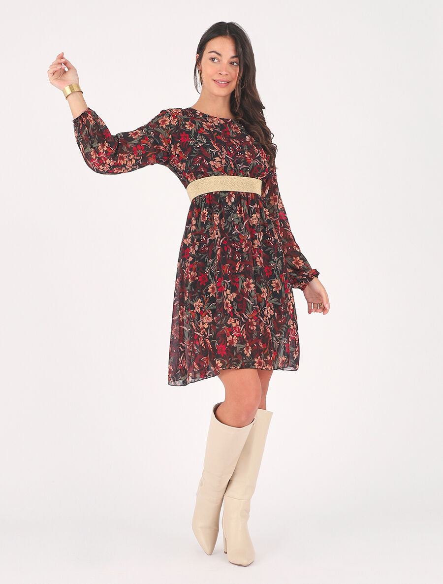 Robe imprimé fleuri à bande dorée - Noir - 4