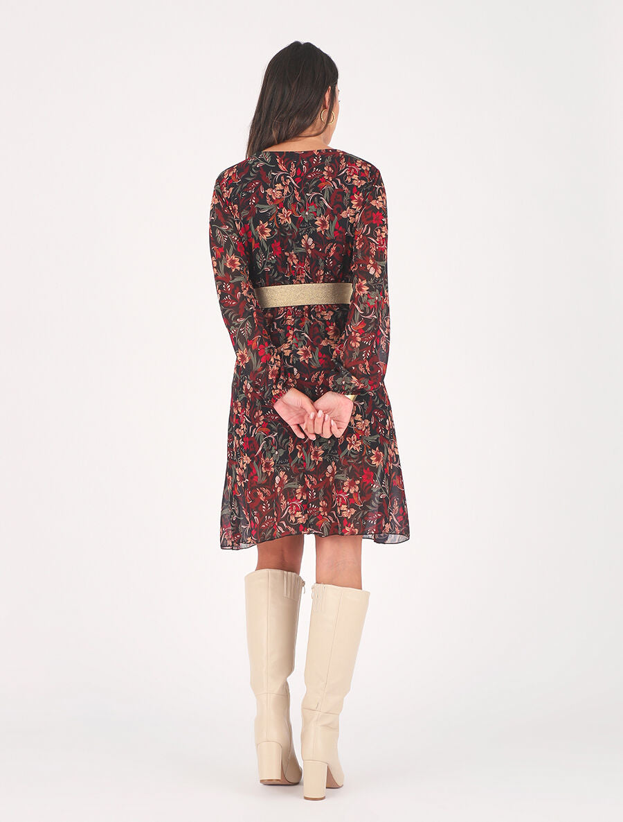 Robe imprimé fleuri à bande dorée - Noir - 5