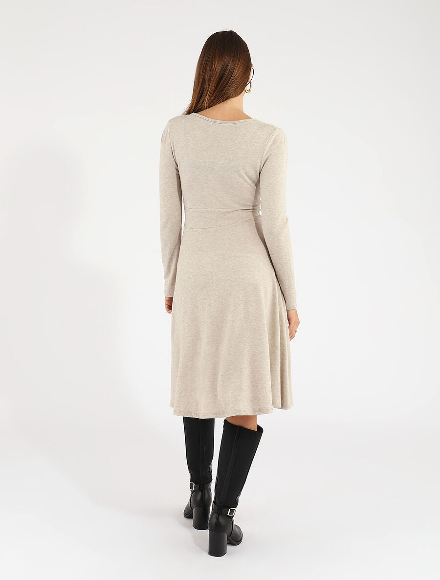 Robe midi évasée manches longues - Beige - 5