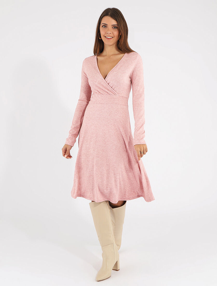 Robe midi évasée manches longues - Rose - 4