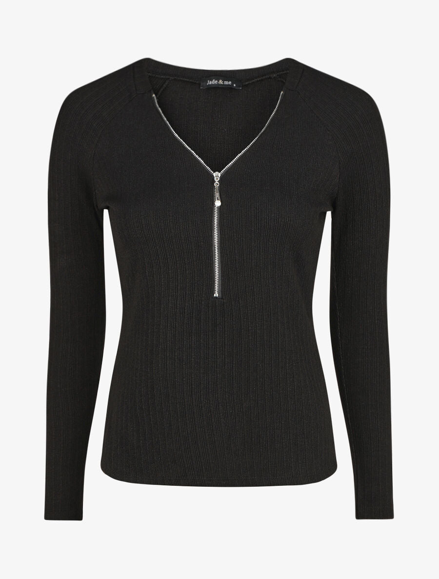 Pull fin droit et côtelé col zippé - Noir - 4