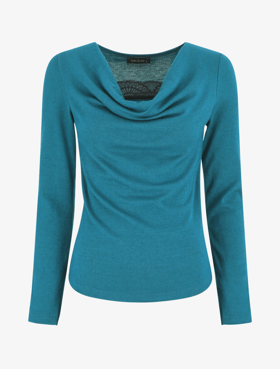 Pull ajusté manche longues col bénitier - Bleu canard - 1