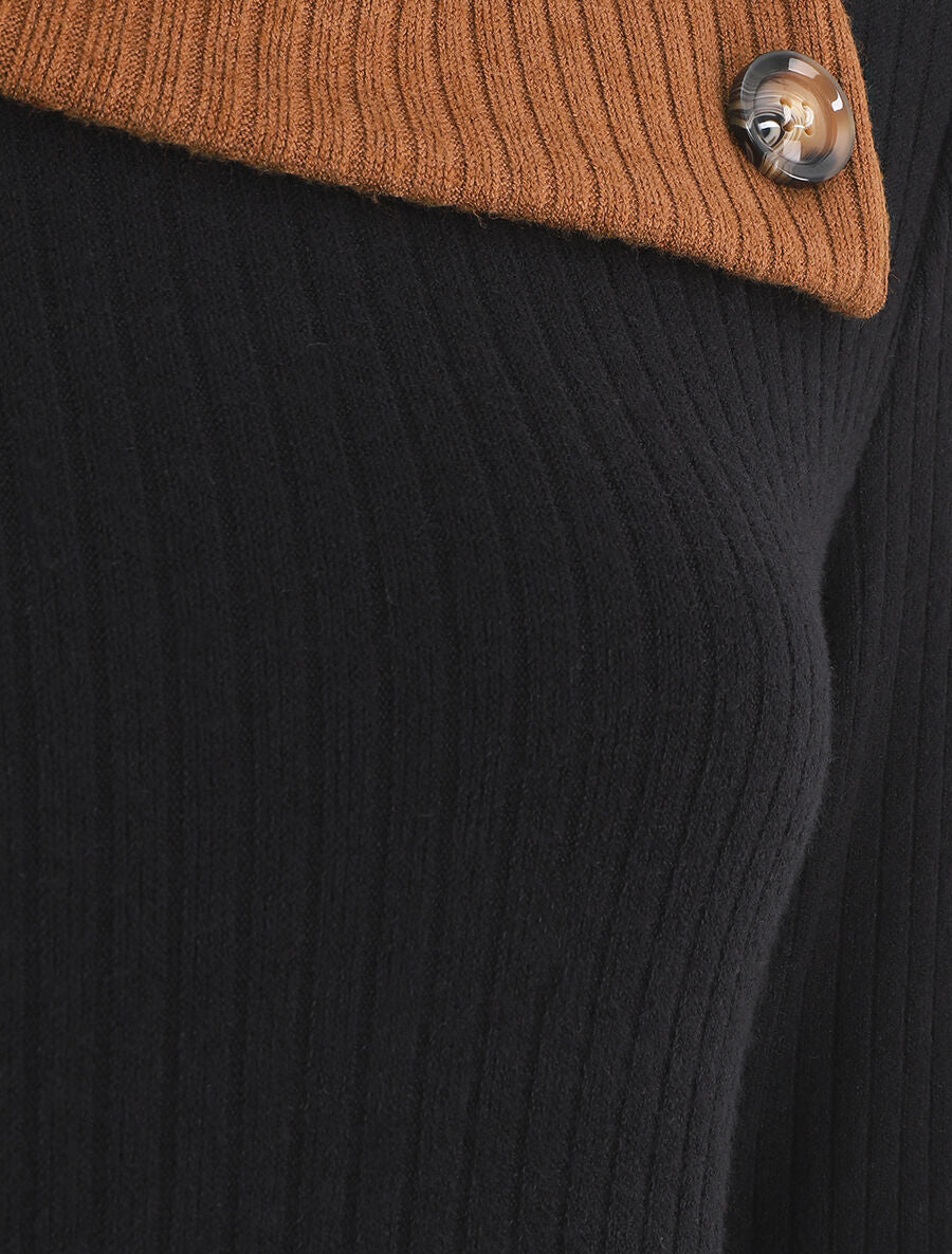 Pull côtelé droit col asymétrique - Noir/camel - 3