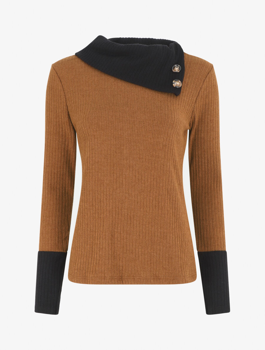 Pull côtelé droit col asymétrique - Camel/noir - 6