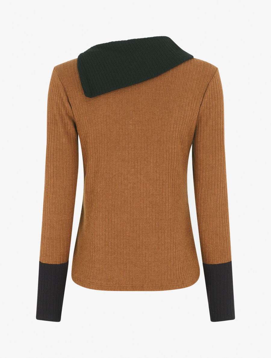 Pull côtelé droit col asymétrique - Camel/noir - 2