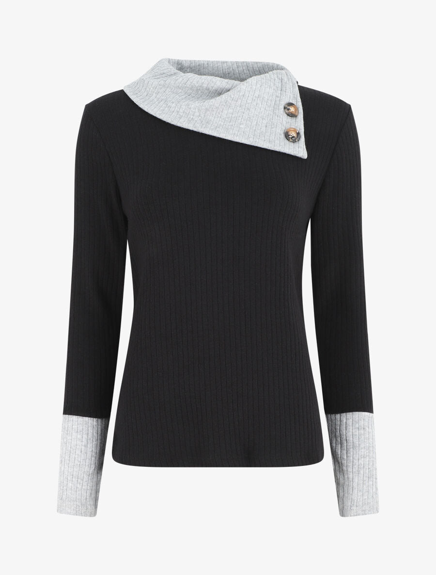 Pull côtelé droit col asymétrique - Noir/gris - 1