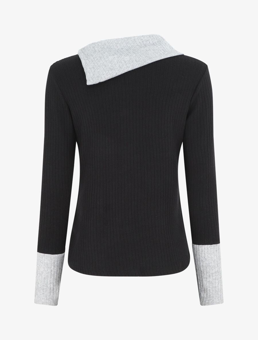 Pull côtelé droit col asymétrique - Noir/gris - 2