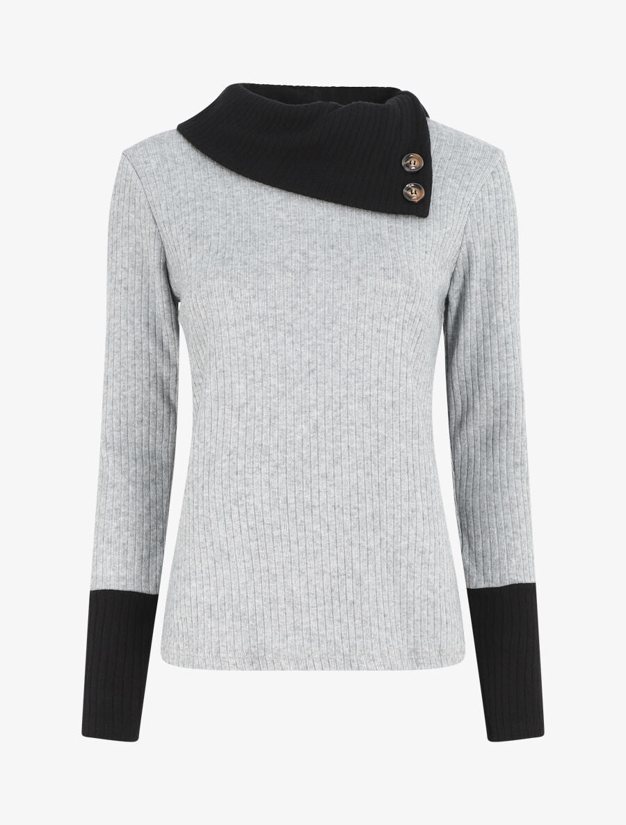 Pull côtelé droit col asymétrique - Gris/noir - 4