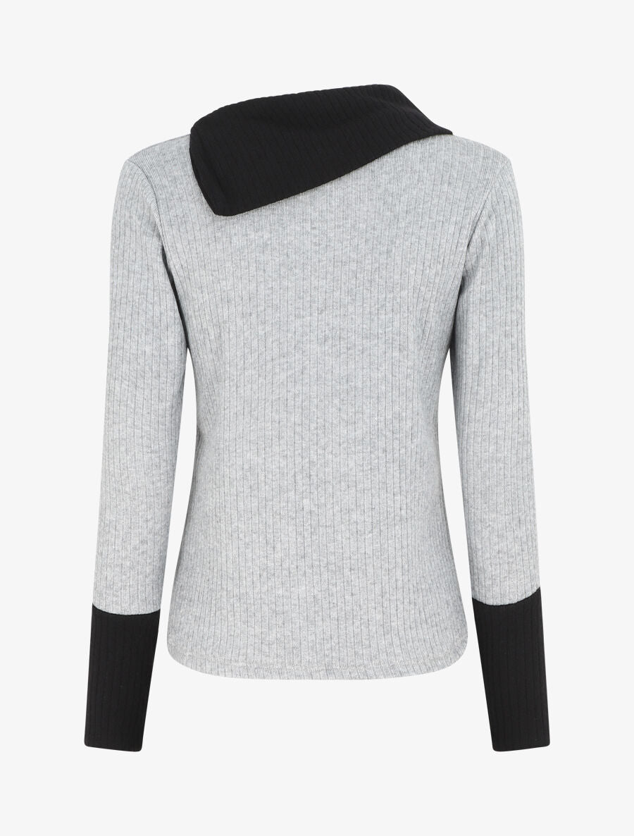 Pull côtelé droit col asymétrique - Gris/noir - 2