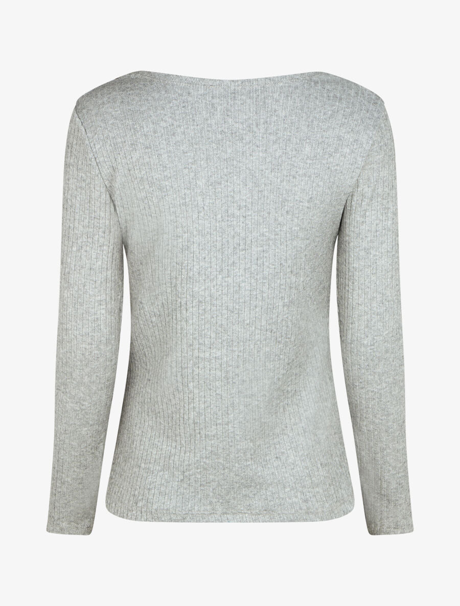 Pull fin côtelé et col V en dentelle - Gris - 2