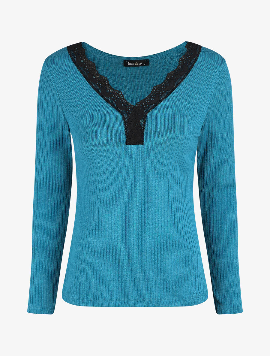 Pull fin côtelé et col V en dentelle - Bleu canard - 1