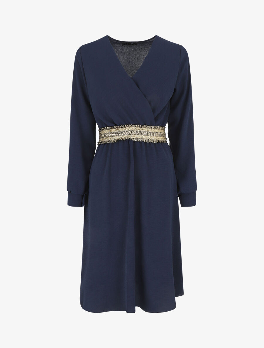Robe unie à bande élastiquée dorée - Marine - 1