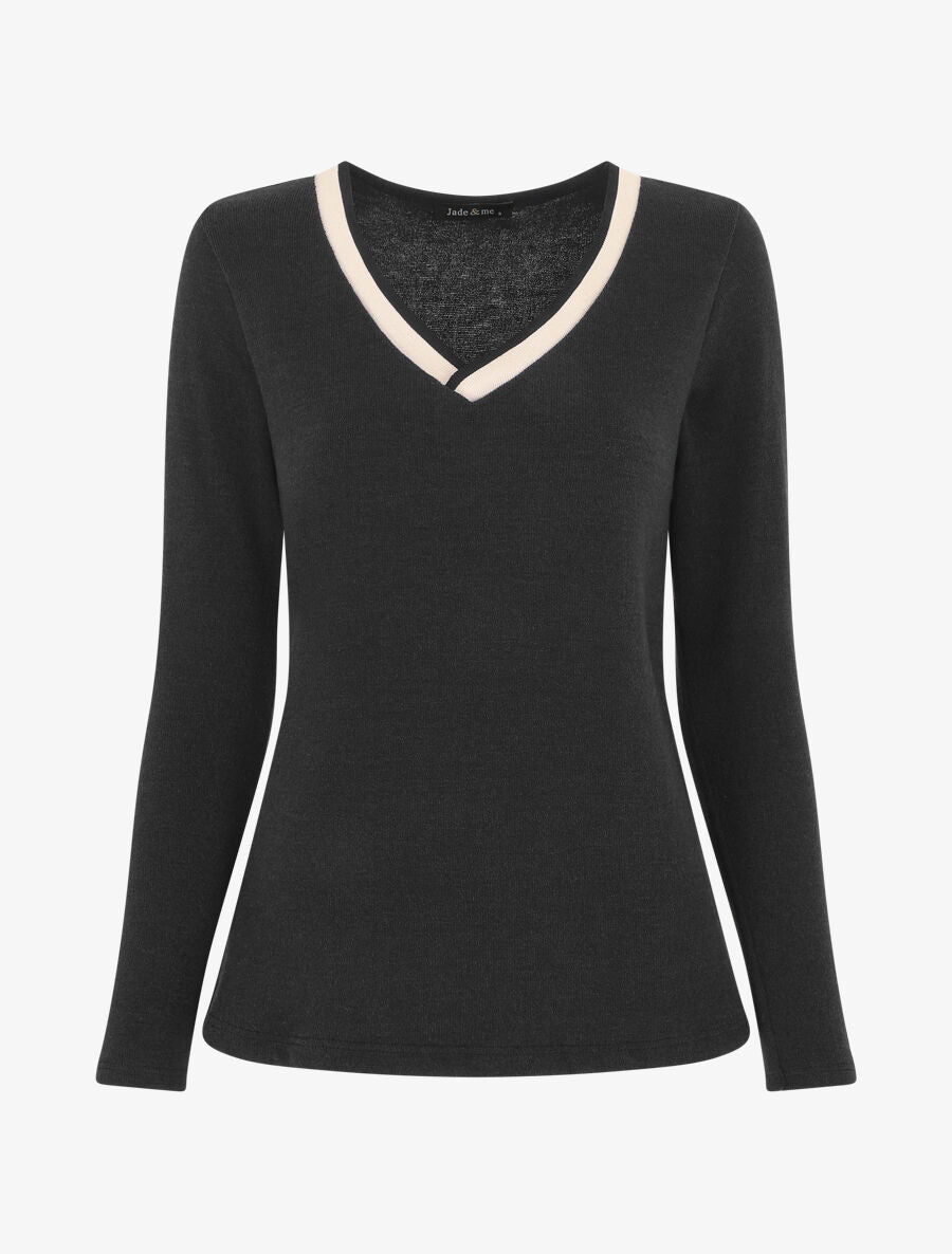 Pull droit uni col V contrastant - Noir - 1