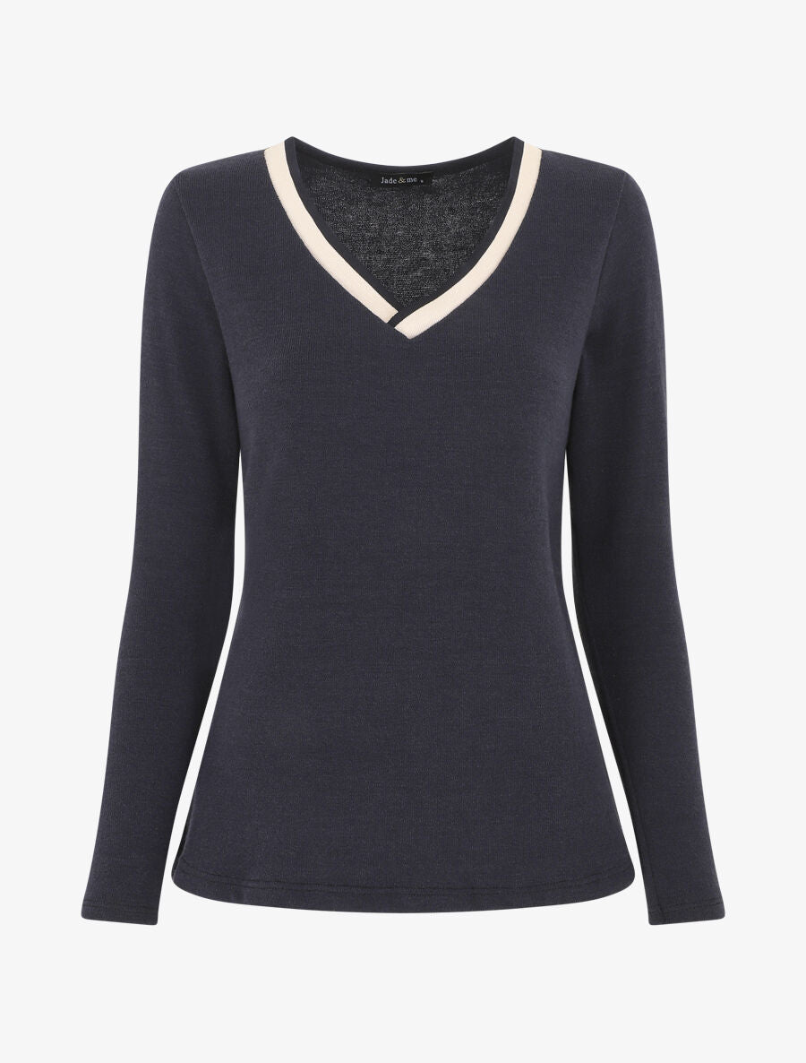 Pull droit uni col V contrastant - Marine - 4