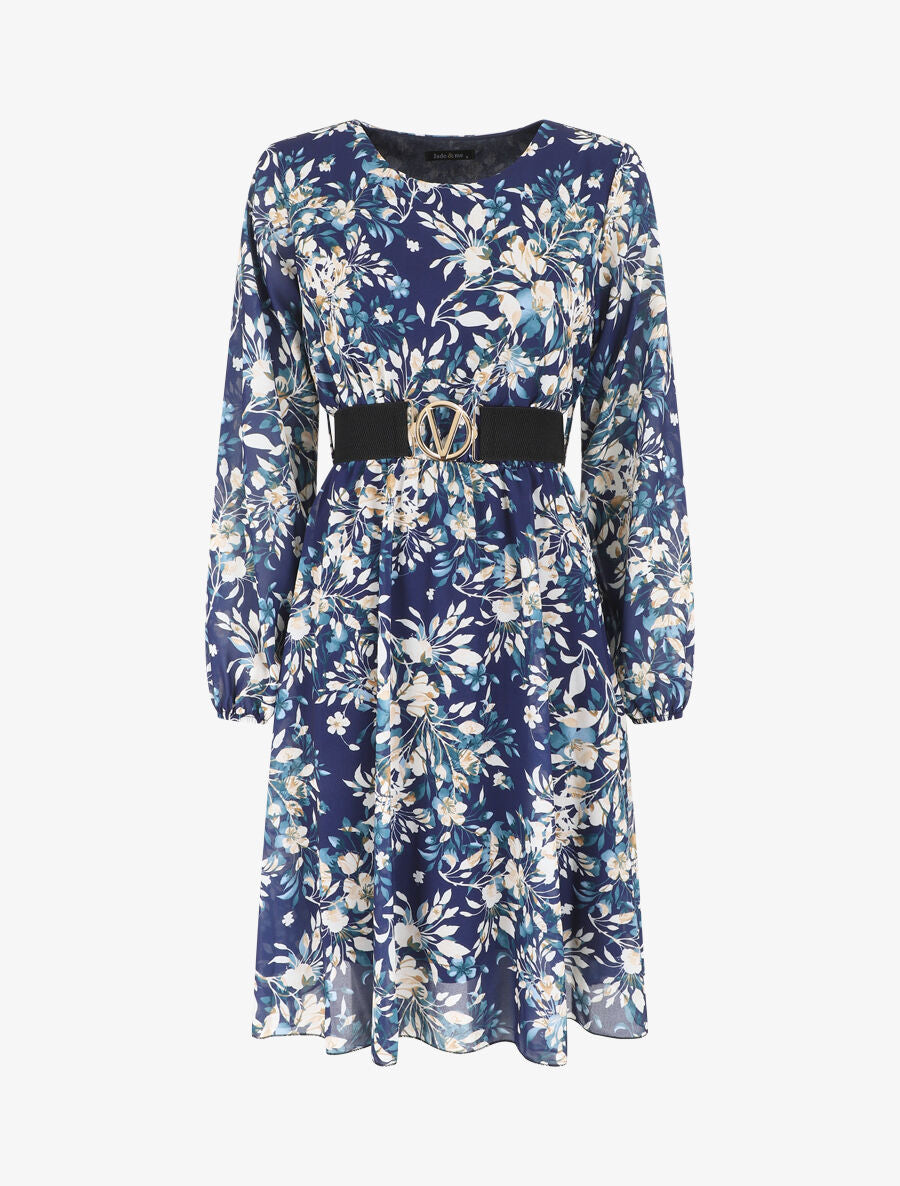 Robe mi-longue évasée motif floral - Marine - 4
