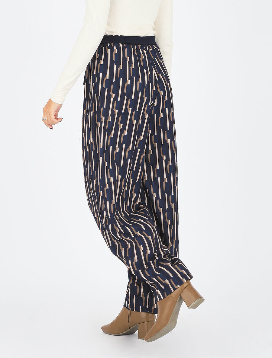 Pantalon ample taille haute motif graphique - Marine - 5