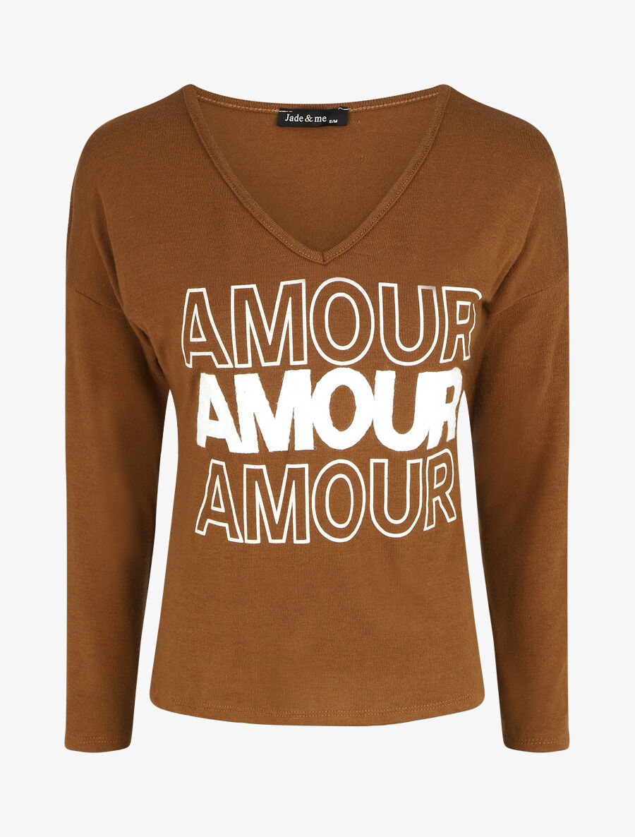 Pull droit inscription AMOUR - Marron - 1