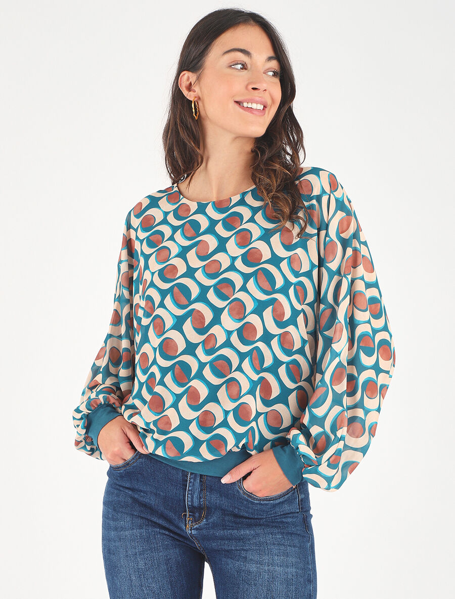 Blouse en voile imprimé graphique - Bleu canard - 4