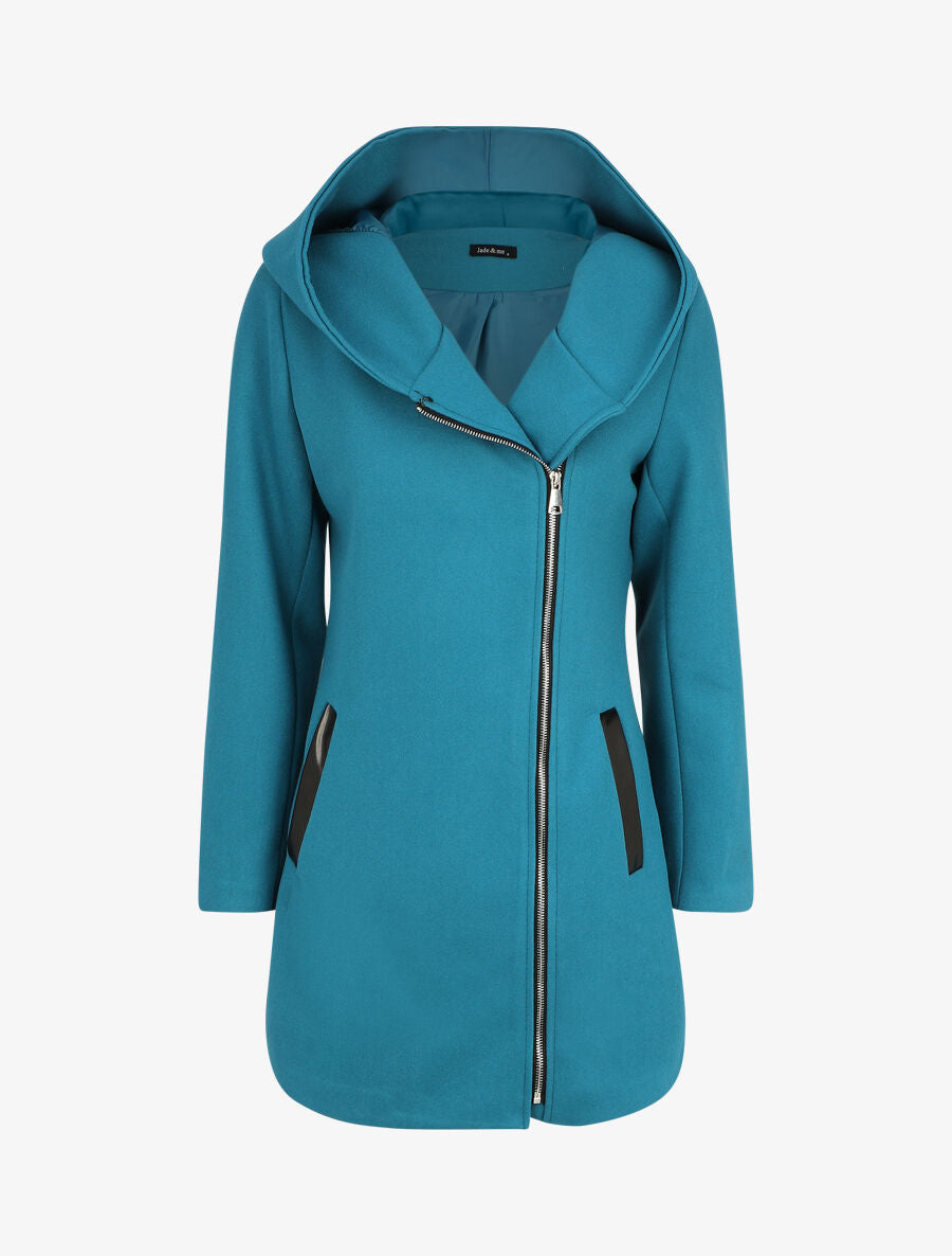Manteau droit long à capuche - Bleu canard - 1