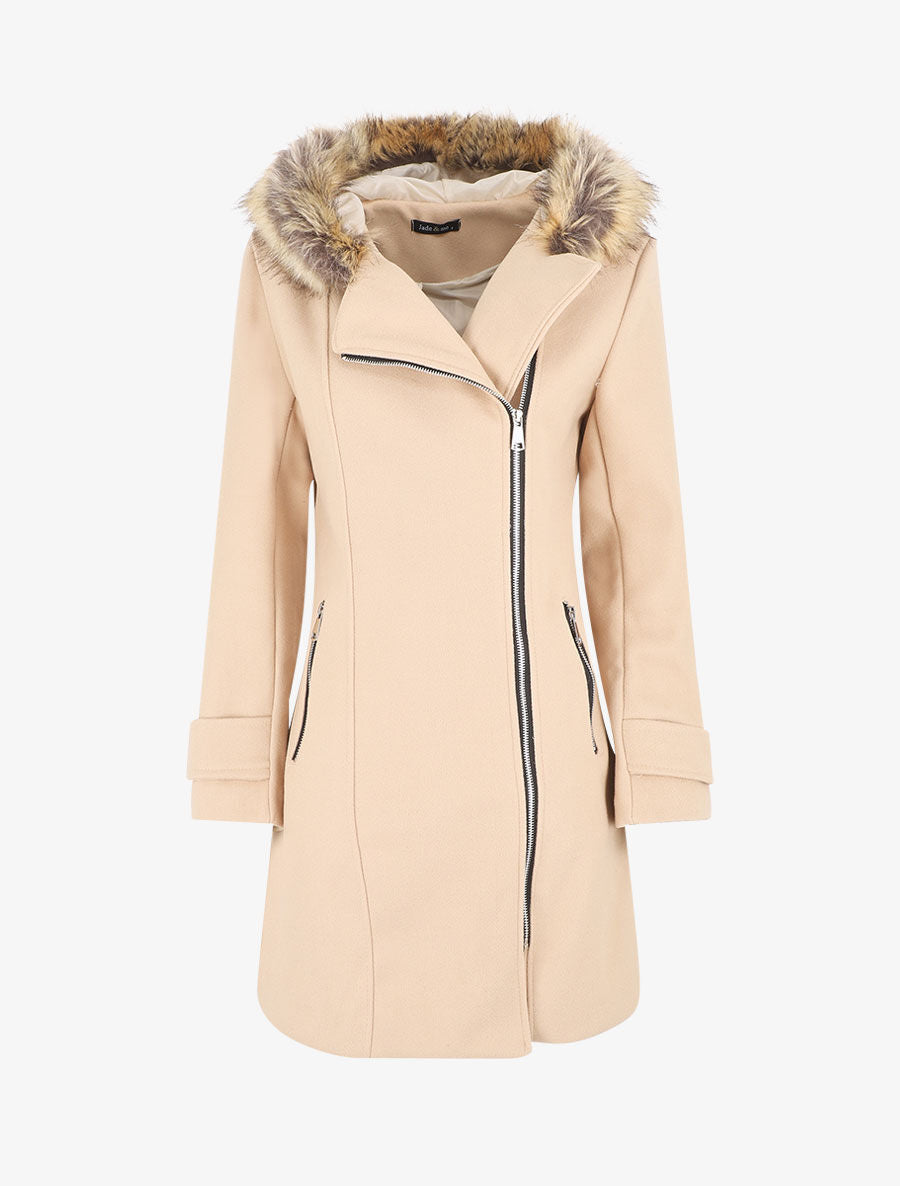 Manteau zippé à capuche fausse fourrure - Beige - 1