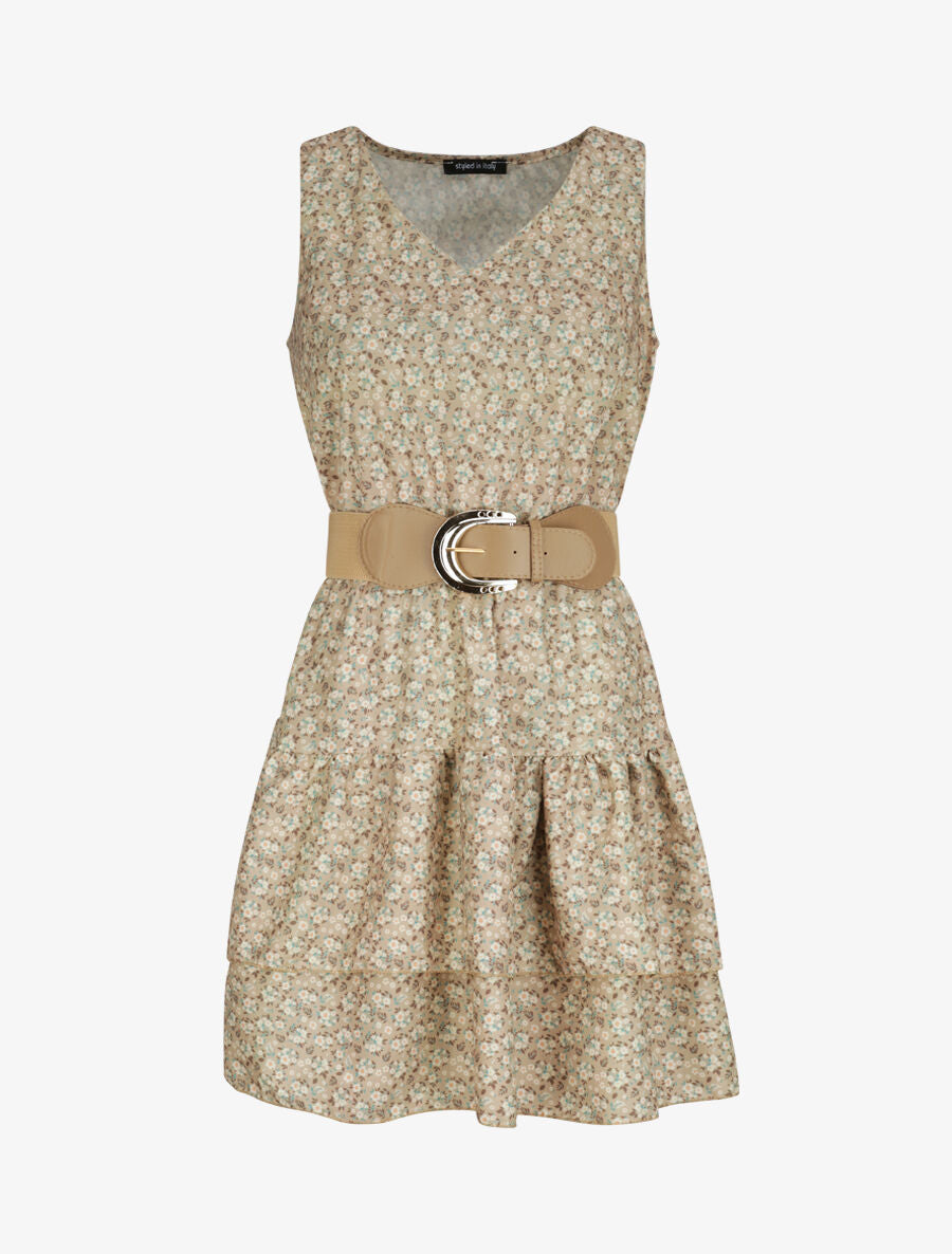 Robe patineuse courte à volants imprimé fleuri - Taupe - 5