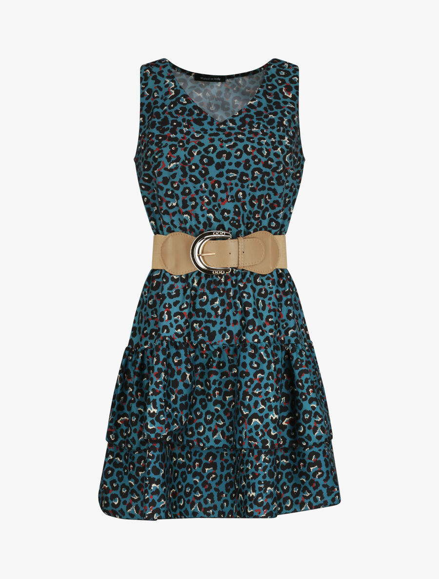 Robe patineuse courte à volants imprimé léopard - Bleu canard - 5
