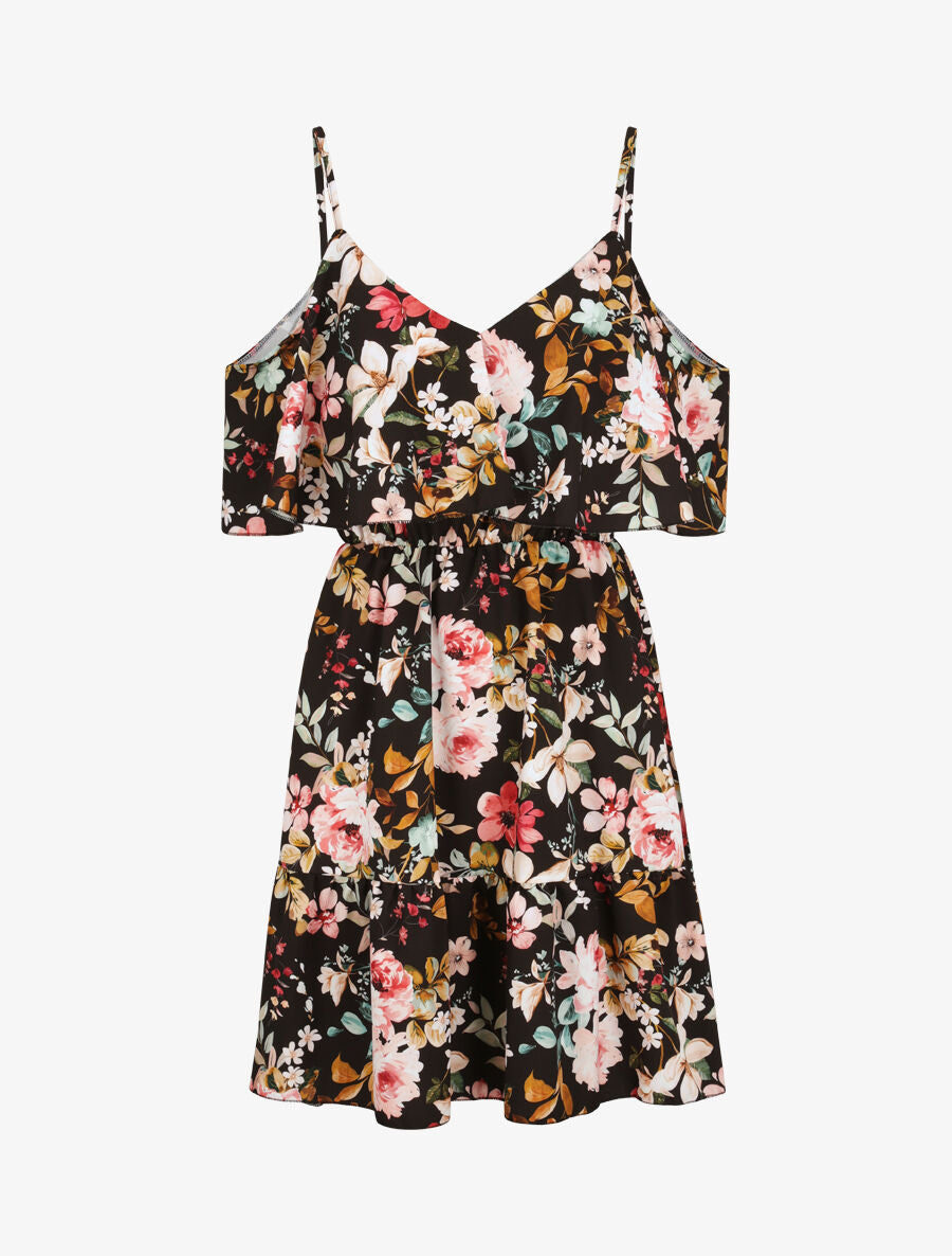 Robe à buste à basque imprimé fleurs sauvages - Noir - 1