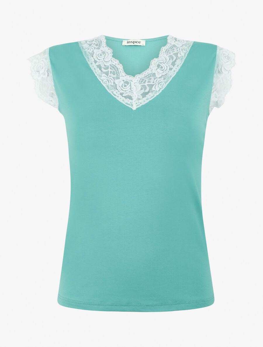 Top à larges bords dentelle - Vert turquoise - 1