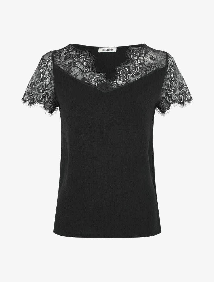 Top fluide à col et manches en dentelle - Noir - 1