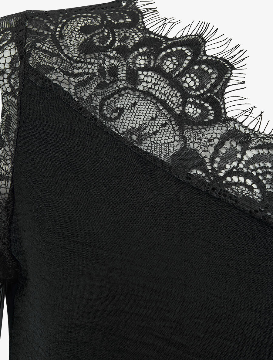 Top fluide à col et manches en dentelle - Noir - 3