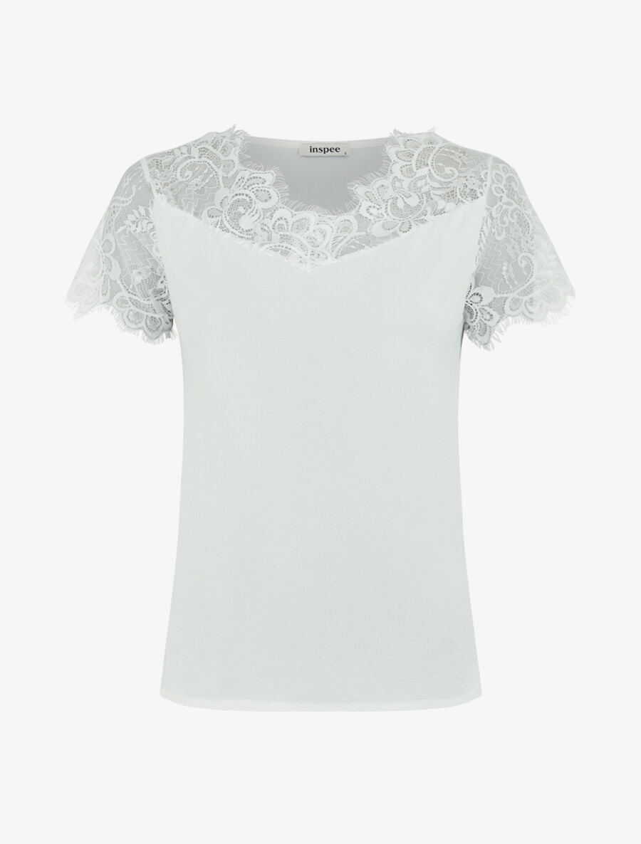 Top fluide à col et manches en dentelle - Blanc - 1