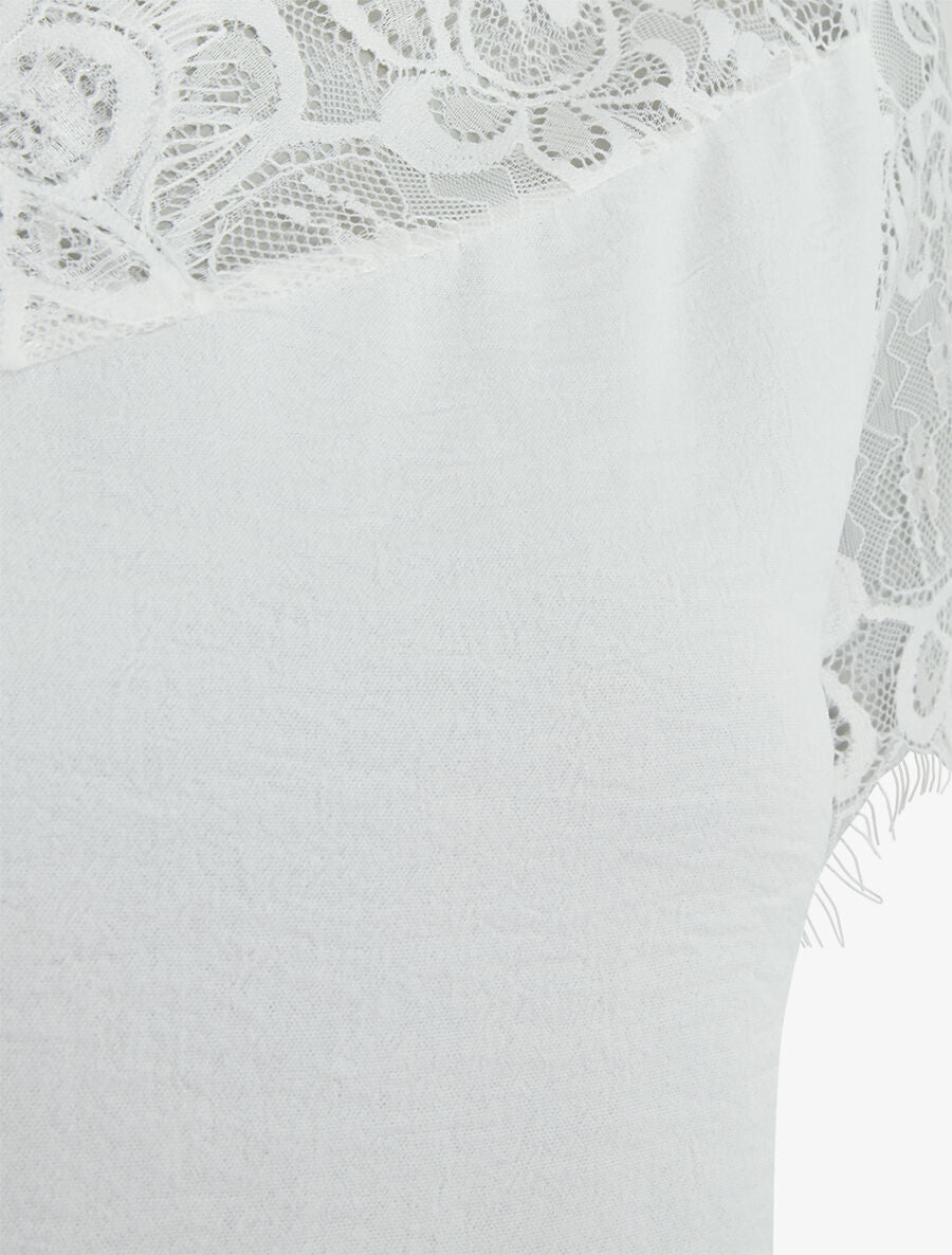 Top fluide à col et manches en dentelle - Blanc - 3