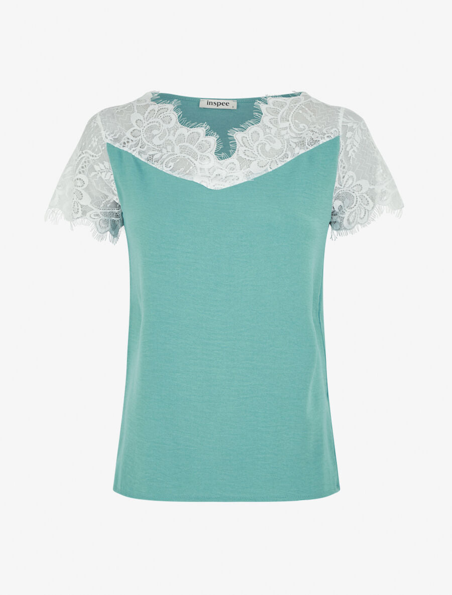 Top fluide à col et manches en dentelle - Turquoise - 4