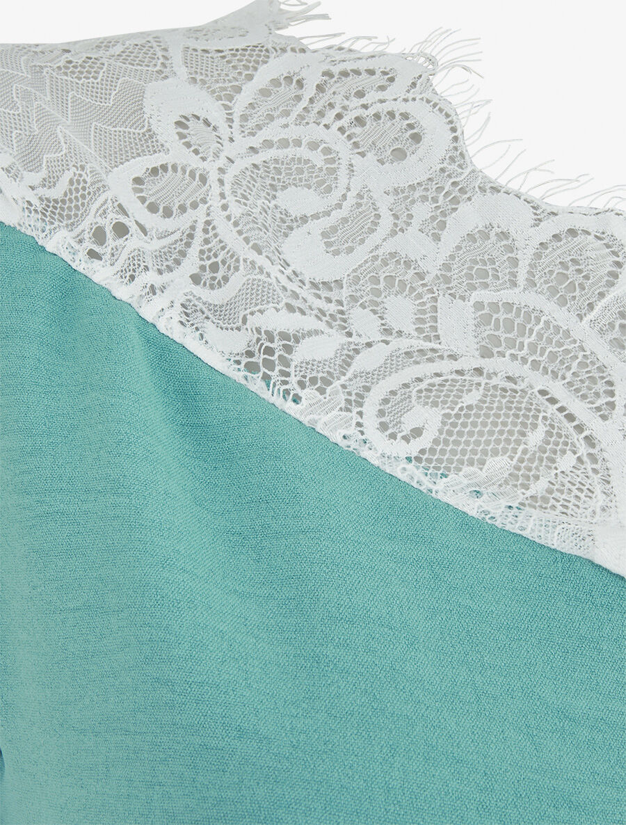 Top fluide à col et manches en dentelle - Turquoise - 3