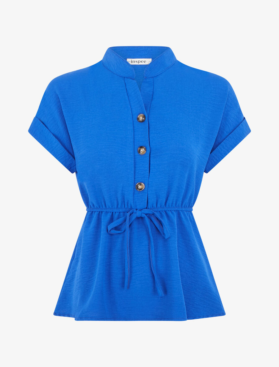 Top uni élastiqué et col boutonné - Bleu roi - 1