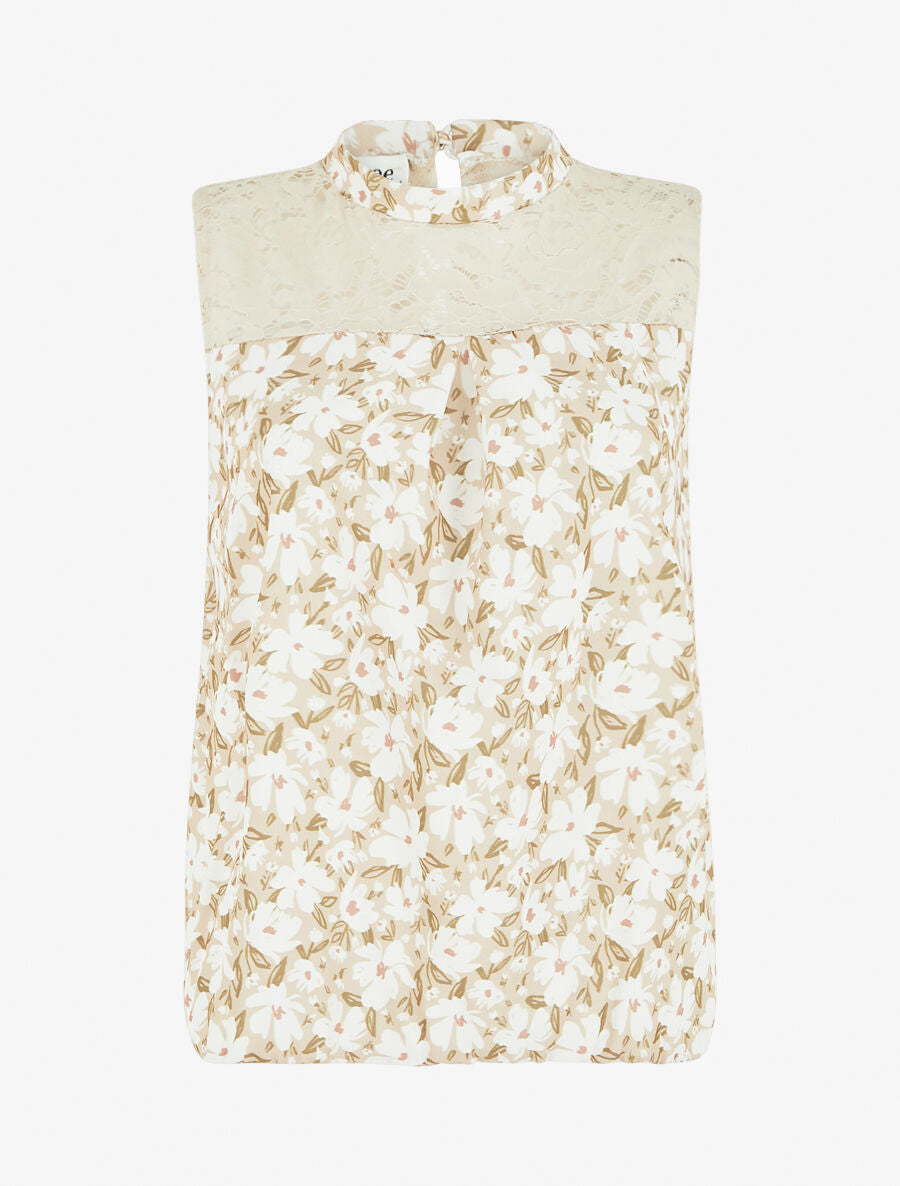Top imprimé floral à détail dentelle - Beige - 1