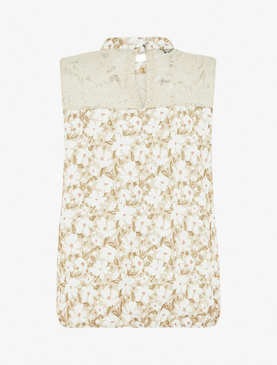 Top imprimé floral à détail dentelle - Beige - 2