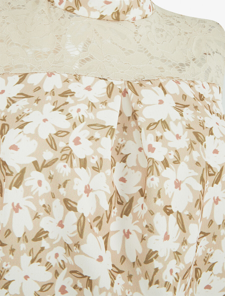 Top imprimé floral à détail dentelle - Beige - 3