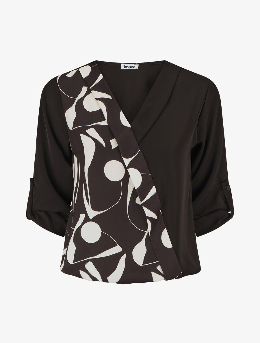 Blouse imprimé à manches retroussables - Noir - 1