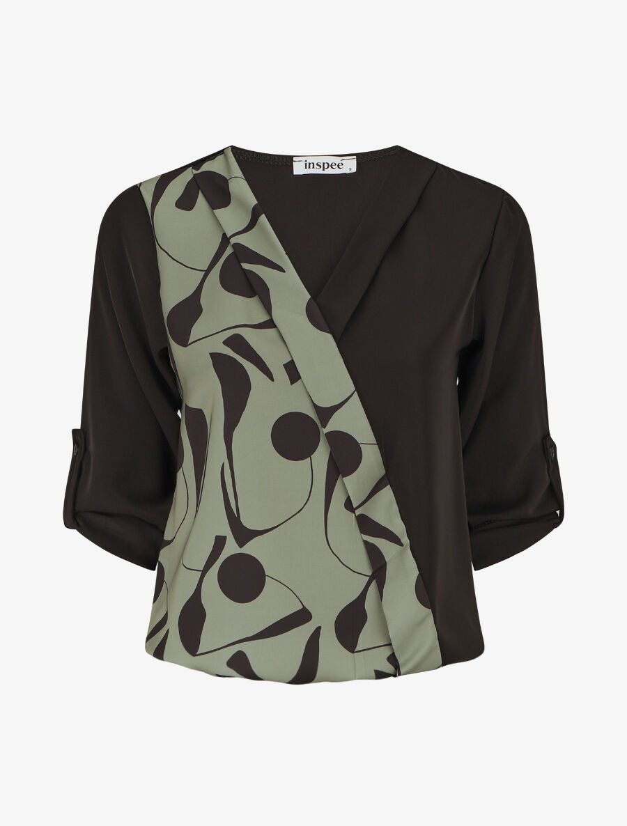 Blouse imprimé à manches retroussables - Kaki - 1