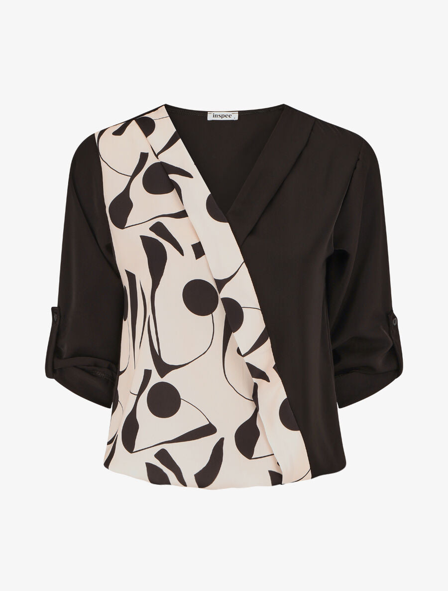 Blouse imprimé à manches retroussables - Beige - 1