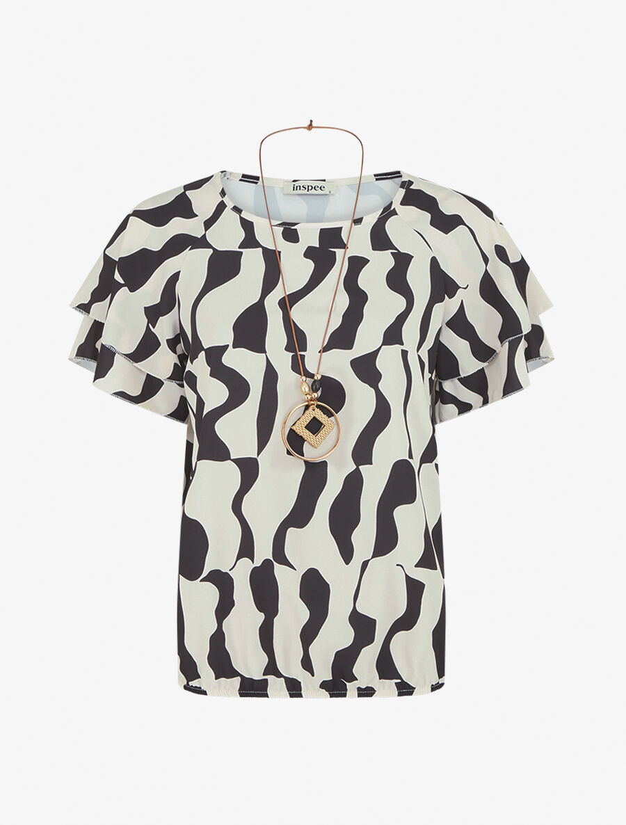 Top imprimé graphique et sautoir - Beige - 1