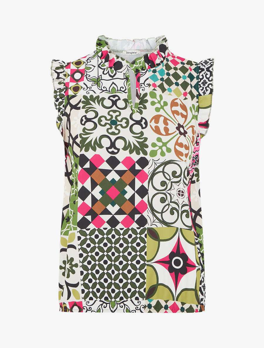 Top satiné sans manches motif patchwork et volants - Vert/fuchsia - 4