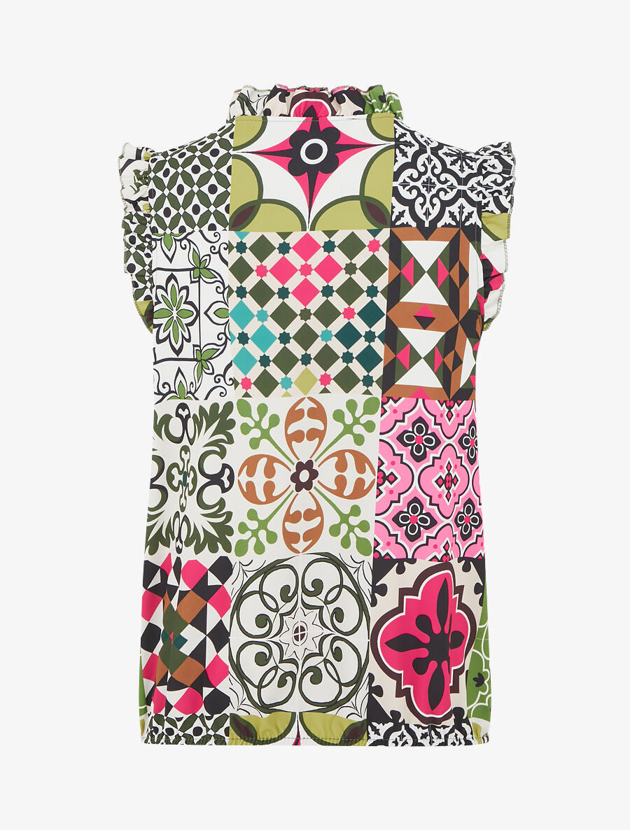 Top satiné sans manches motif patchwork et volants - Vert/fuchsia - 2
