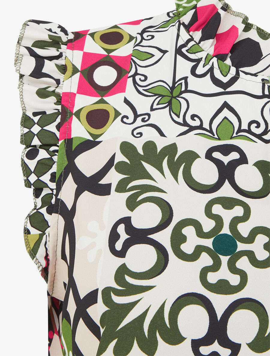 Top satiné sans manches motif patchwork et volants - Vert/fuchsia - 3