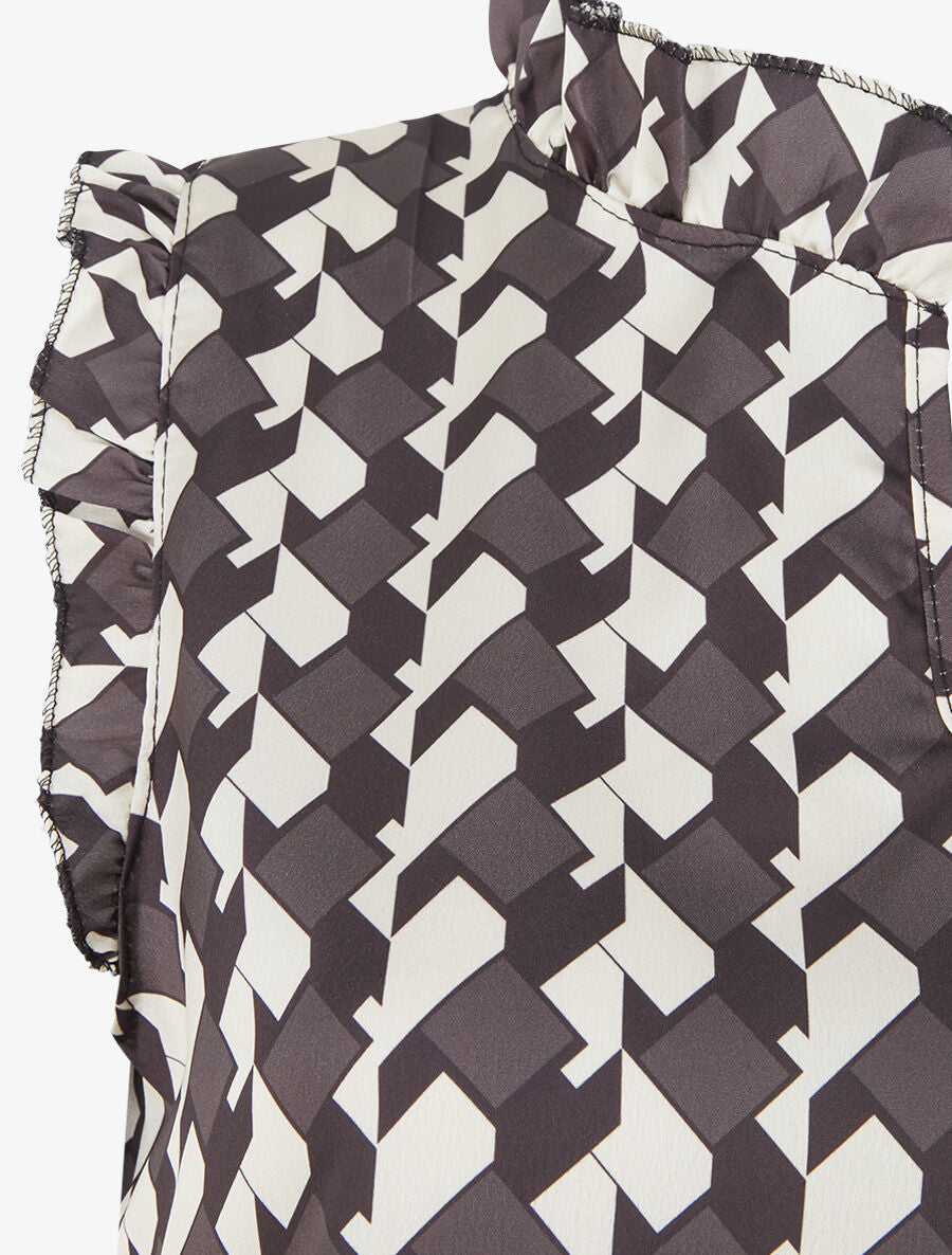 Top satiné sans manches motif graphique et volants - Noir - 3