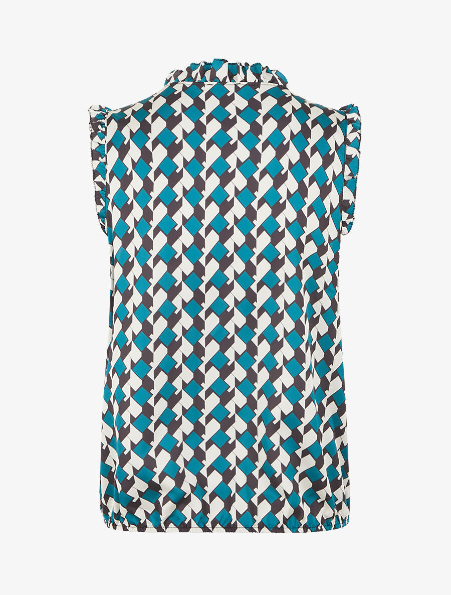 Top satiné sans manches motif graphique et volants - Bleu canard - 2