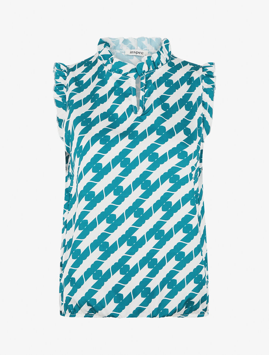 Top satiné sans manches motif fantaisie et volants - Bleu canard - 1
