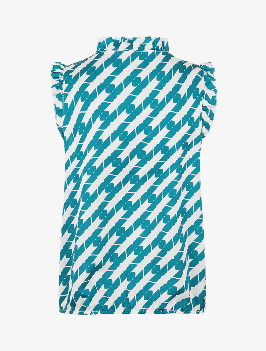 Top satiné sans manches motif fantaisie et volants - Bleu canard - 2