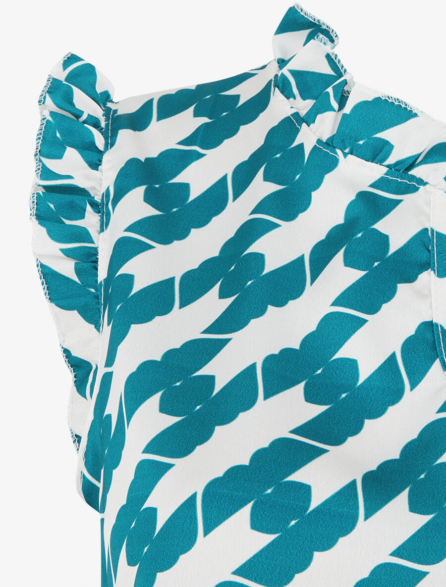 Top satiné sans manches motif fantaisie et volants - Bleu canard - 3